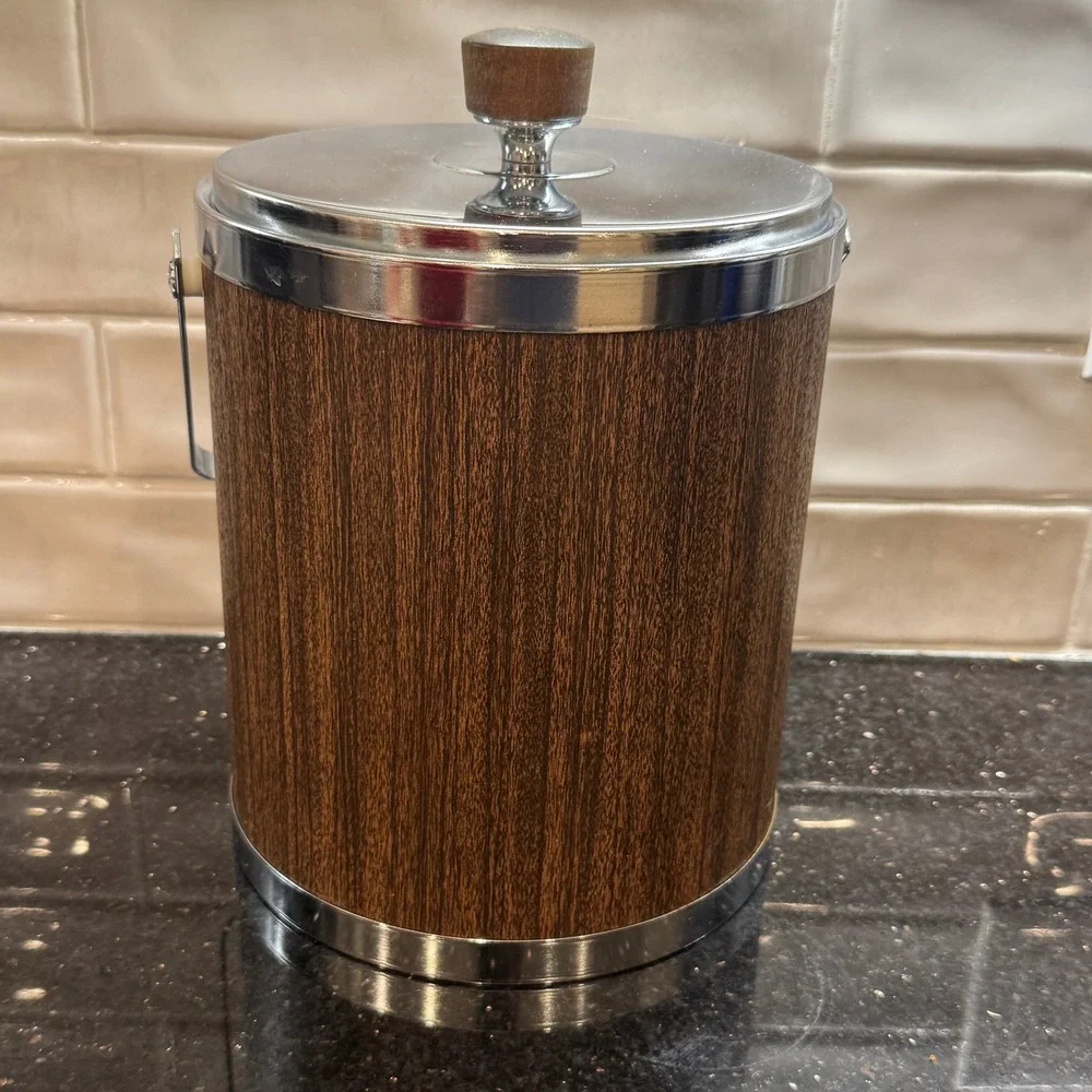 Vintage Kromex Ice Bucket‎ Faux Wood Grain Chrome Mid Century Modern Made in USA